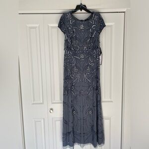 NWT ADRIANNA PAPELL BEADED SHORT SLEEVE BLOUSON LONG GOWN DRESS DUSTY BLUE 10